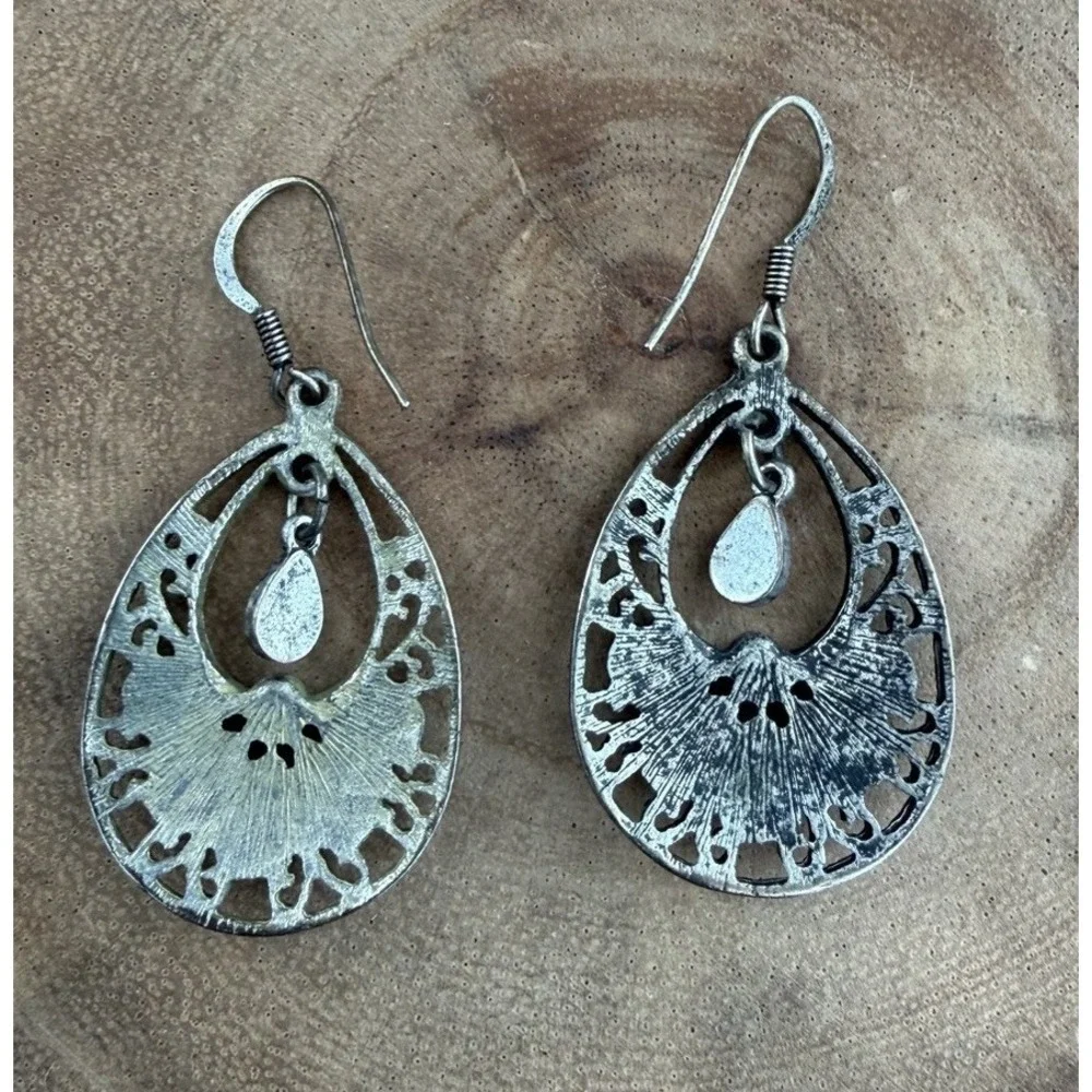 Faux Blue Turquoise & Coral Silver Southwestern Filigree Teardrop Earrings Boho